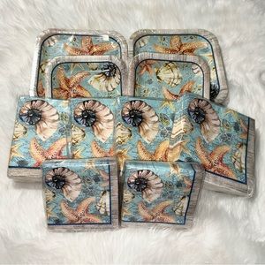 New~Blueink/Blue Ink Paper Plates And Napkins~Watercolor Shells~Lot of 10 Pckgs